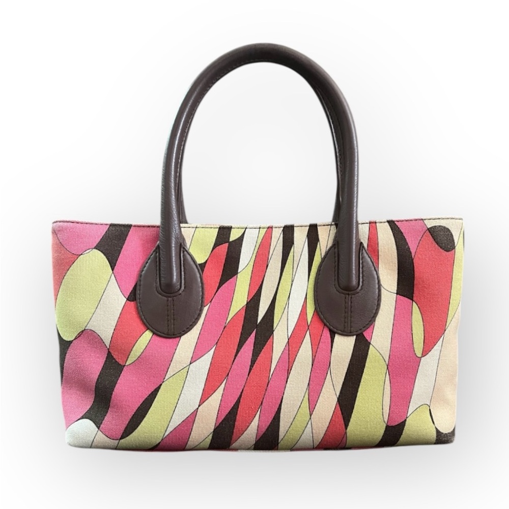 Emilio Pucci Vintage Handbag Leather Handles, Beautiful Multicolors Canvas EUC